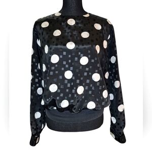 Vintage Laura & Jayne Black Polka Dot Satin Blouse - Size 14